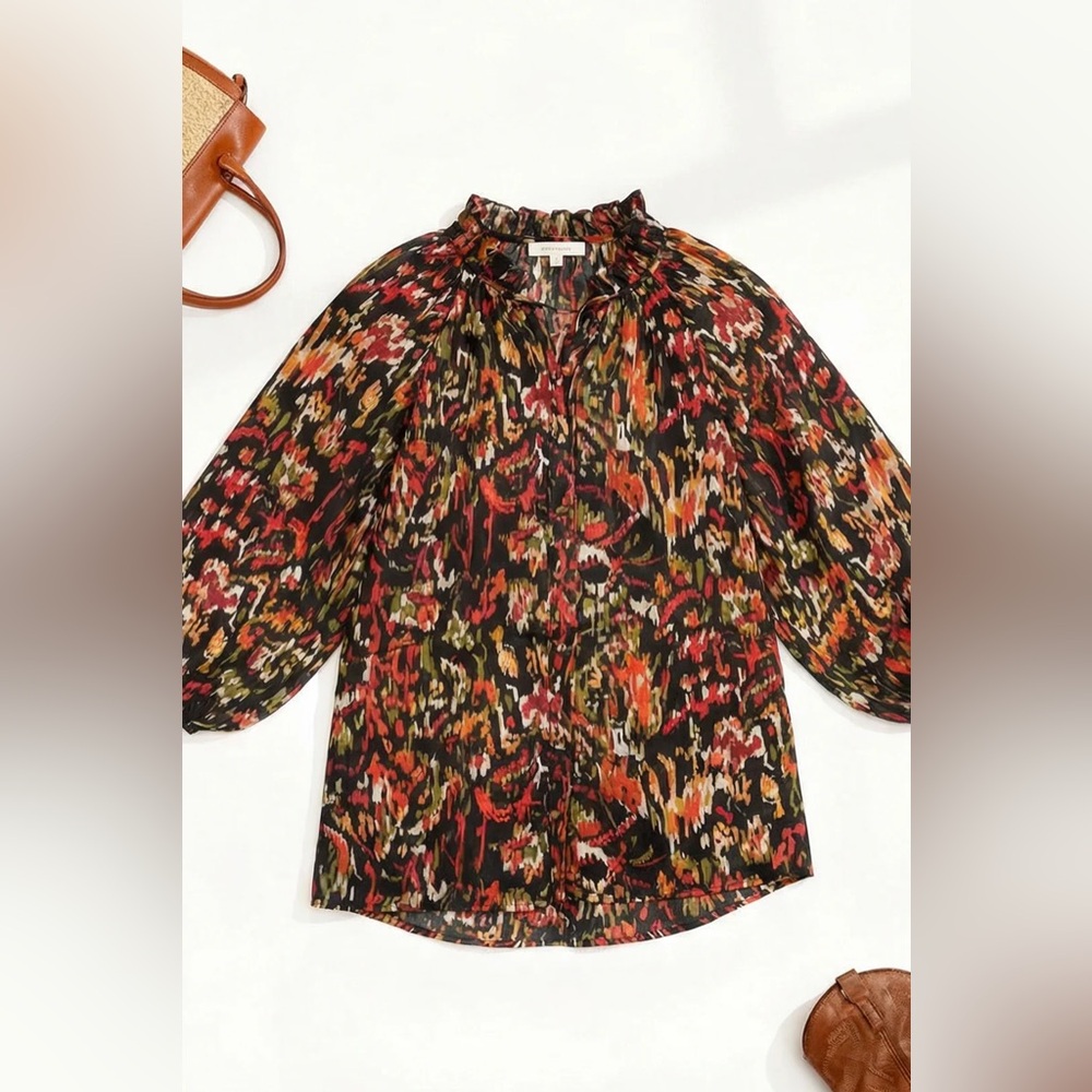 B123 First Love Black Woven Design Puff 3/4 Sleeve Button Front Blouse